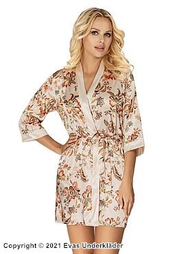 Lounge robe, satin, 3/4 length sleeves, flowers